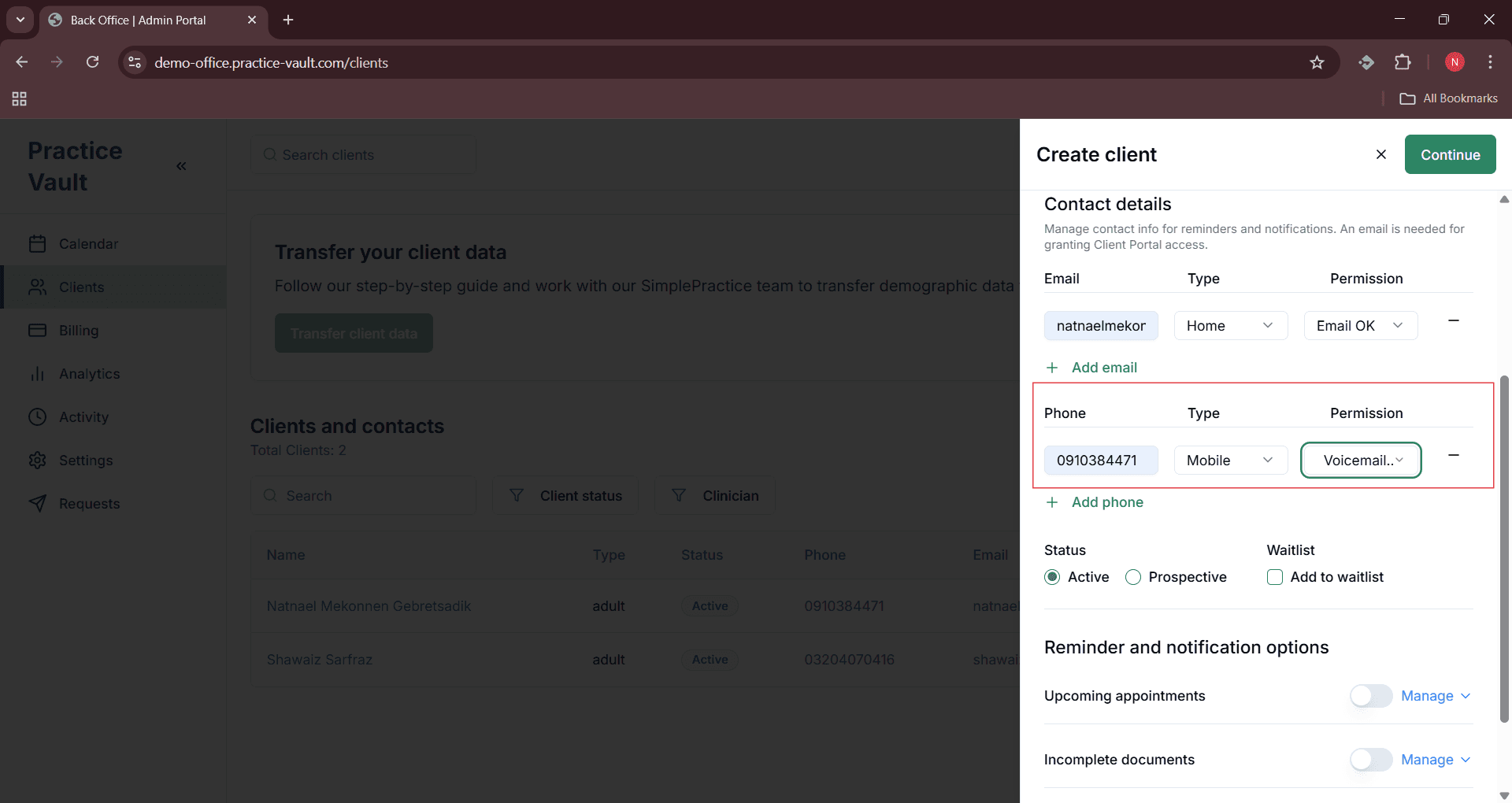 Back Office - Client Without SMS Consent