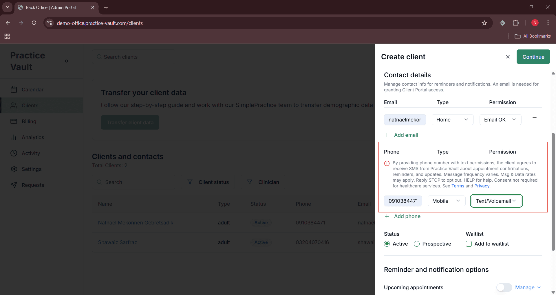 Back Office - Add Phone Number