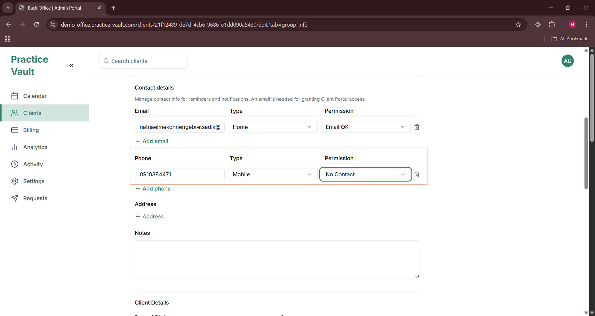 Back Office - Edit Client Without SMS Consent