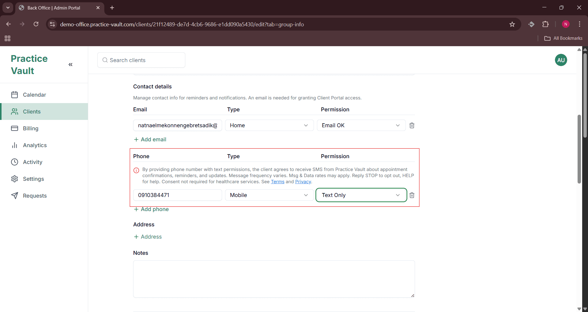 Back Office - Edit Phone Number