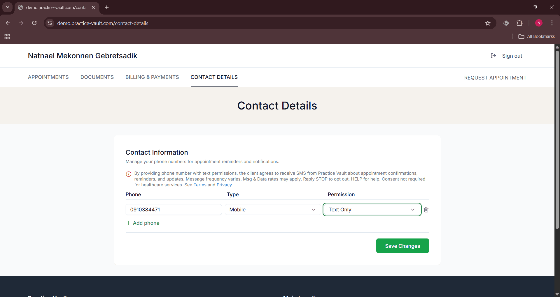 Front Office - Text Permission Given