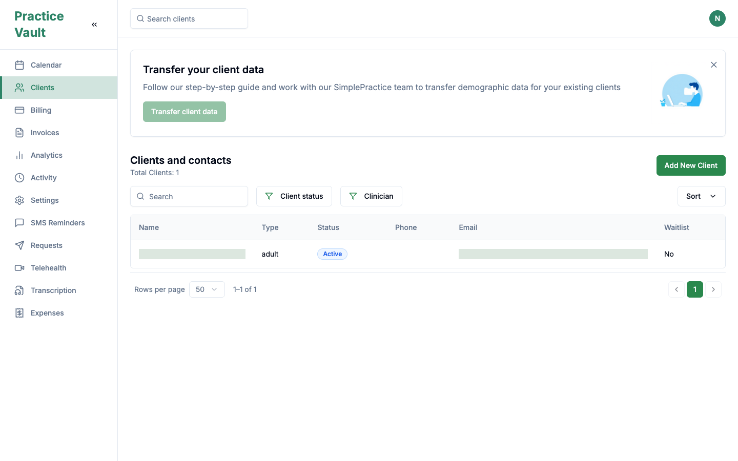 The real client directory, with search, status filters, and migration guidance.