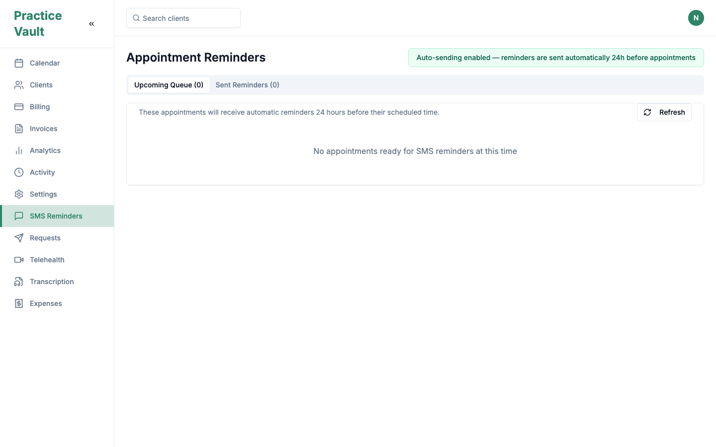 The real PracticeVault appointment reminder queue in the test environment